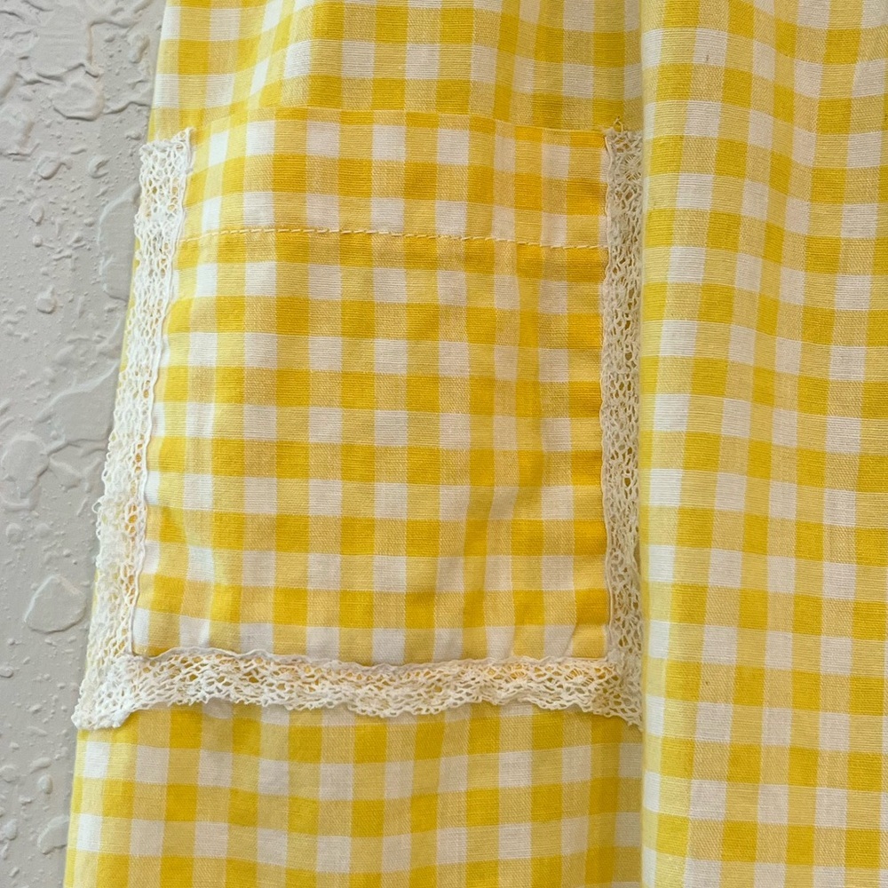 Handmade Yellow White Gingham Half Apron With Lace Trim Pockets Vintage Style - Picture 3 of 8